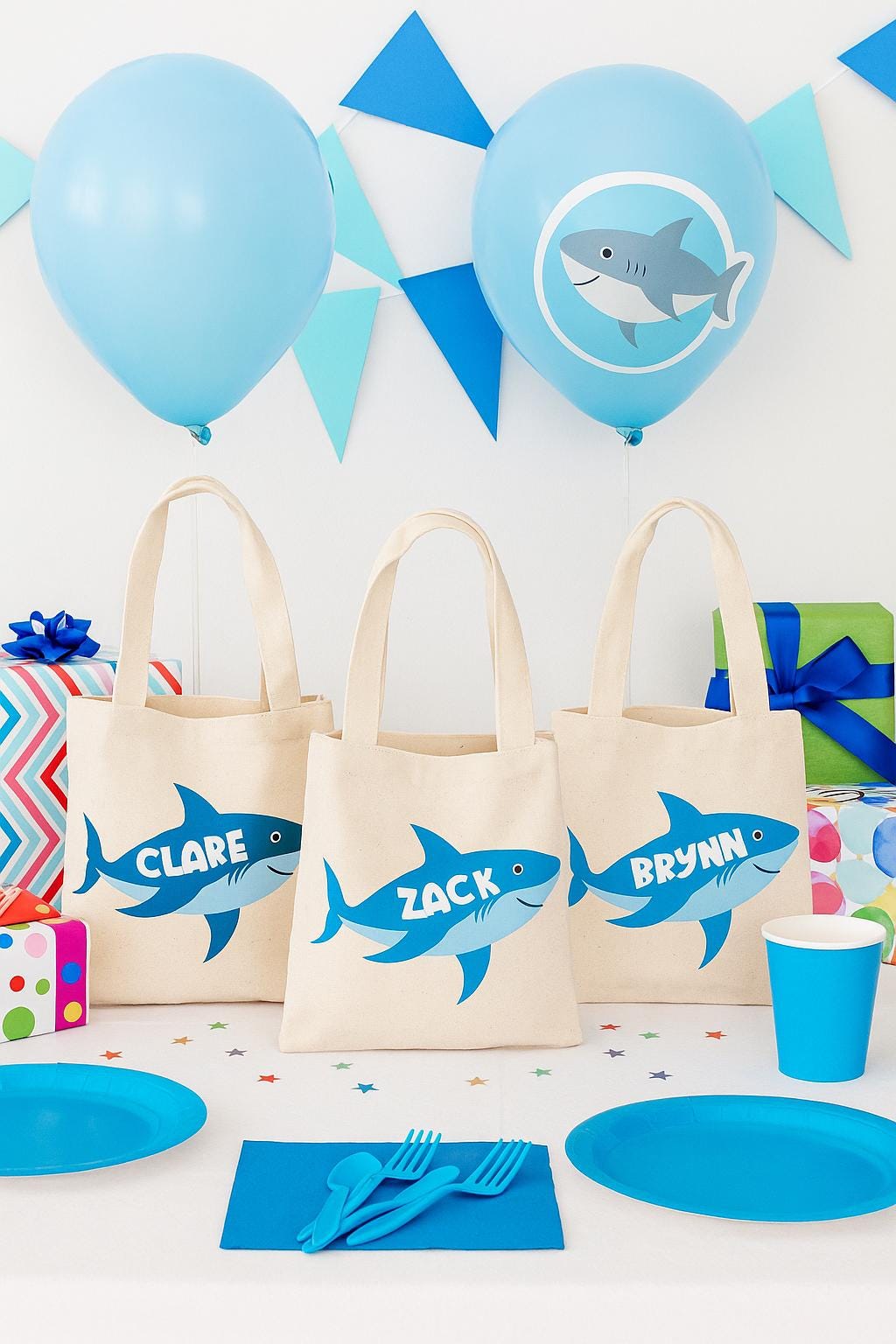 Shark Party Favor Bags: Set of 3 Eco-Friendly Cotton Goodie Bags