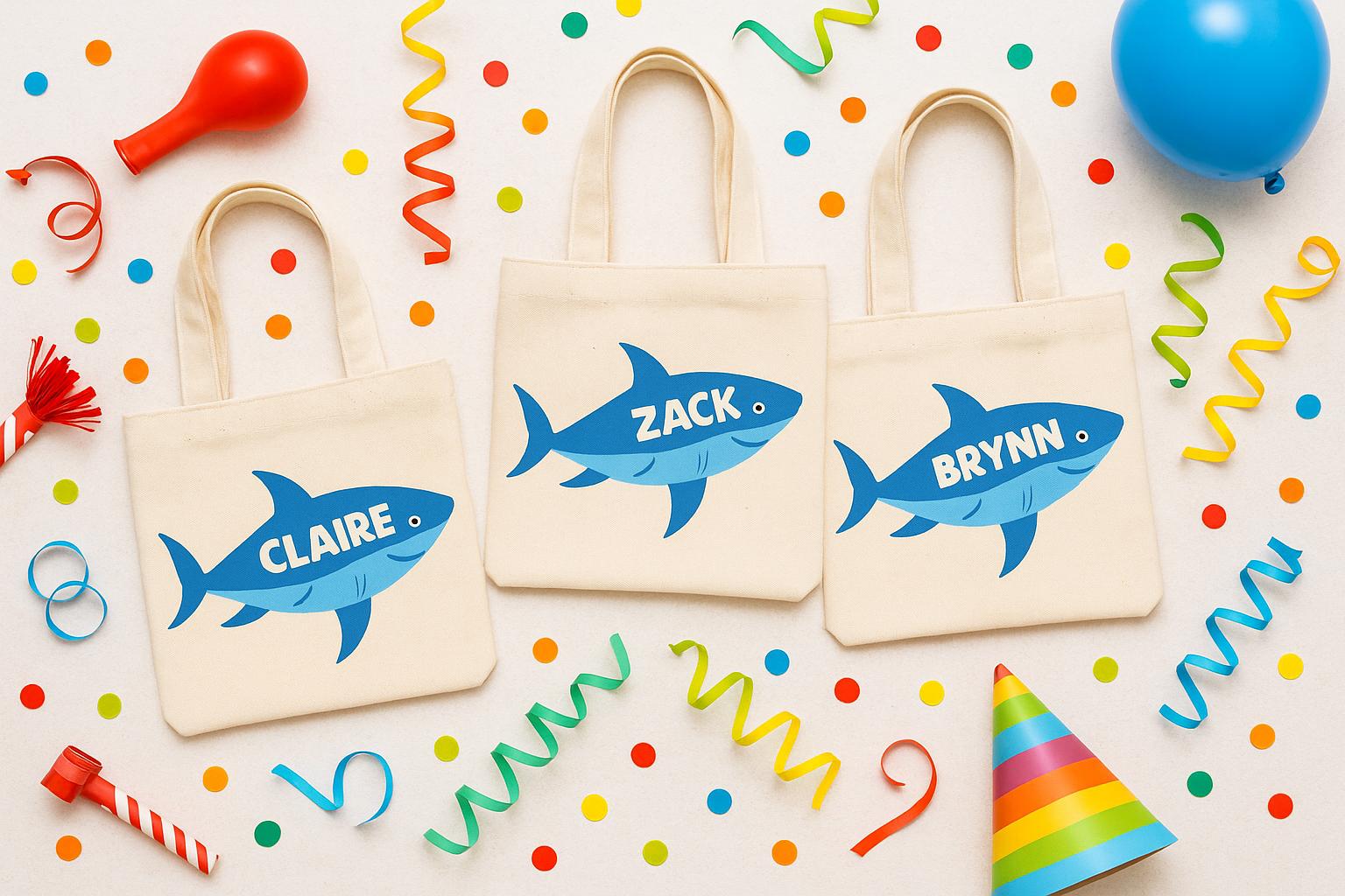 Shark Party Favor Bags: Set of 3 Eco-Friendly Cotton Goodie Bags