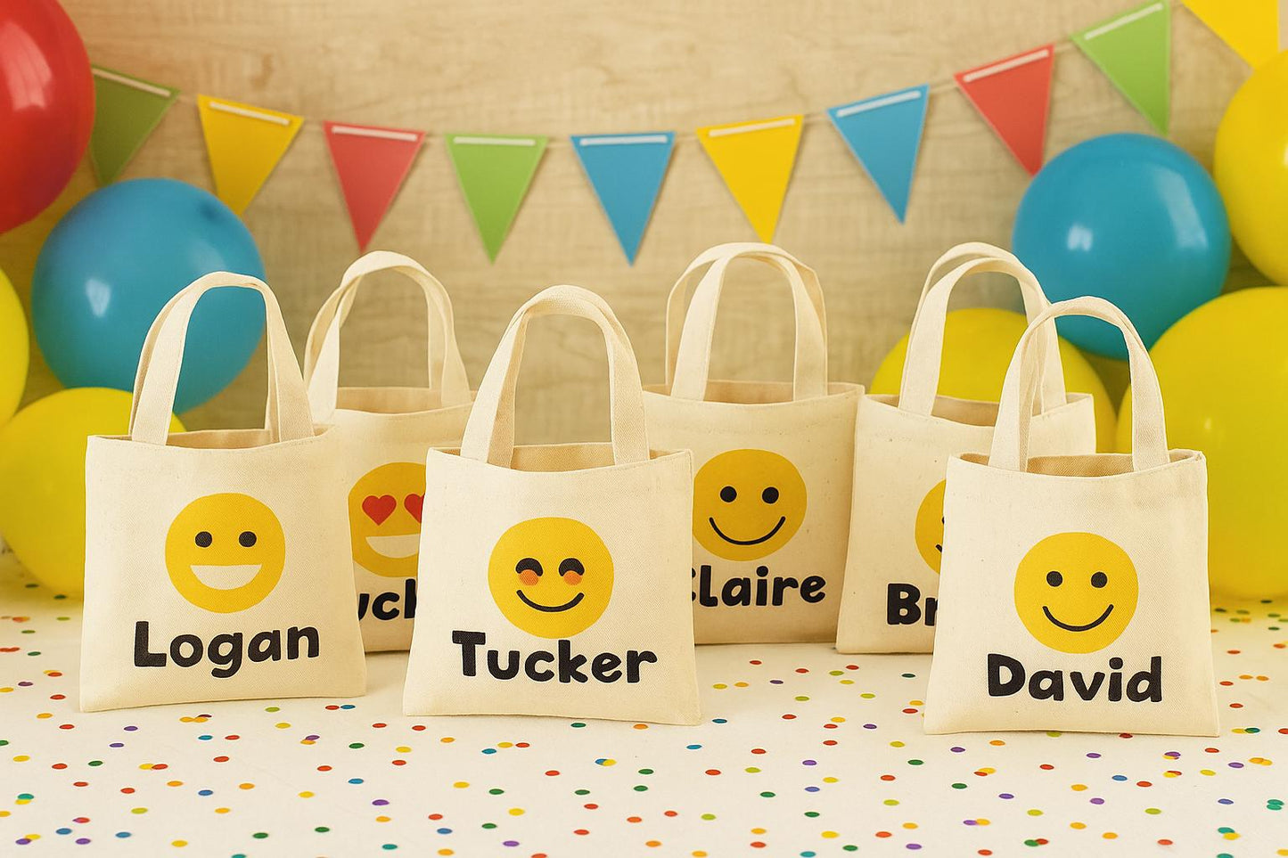 Custom Emoji Party Favor Bags - Set of Six Bags - Personalized with Guest Names