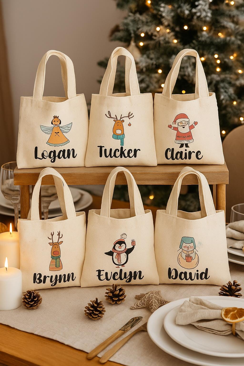 Personalized Christmas Party Favor Bags - Set of Six Bags