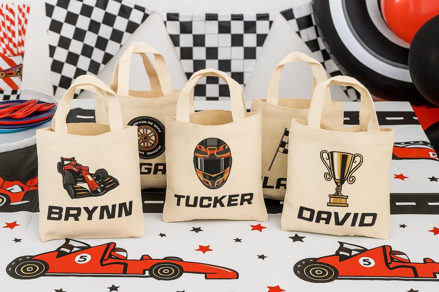 Personalized Race Party Favor Bags - Set of Six Bags