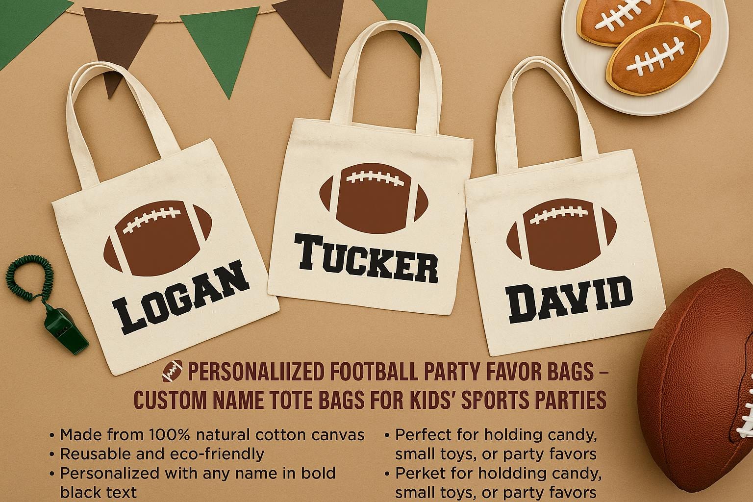 Custom Football Party Favor Bags - Perfect for Football Parties & Events - Set of Three Bags Personalized with Guest Names