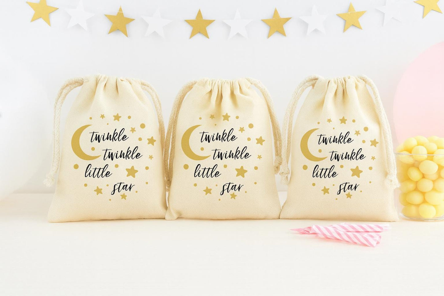 Twinkle Star Cotton Favor Bags – Celestial Baby Shower Treat Bags