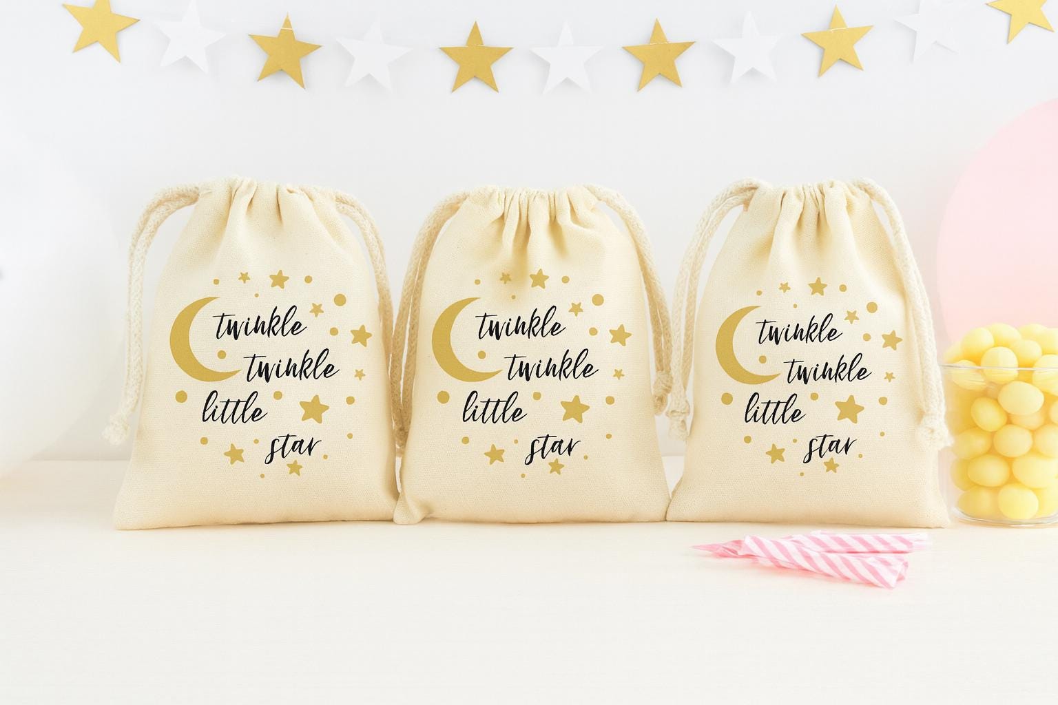 Twinkle Star Cotton Favor Bags – Celestial Baby Shower Treat Bags