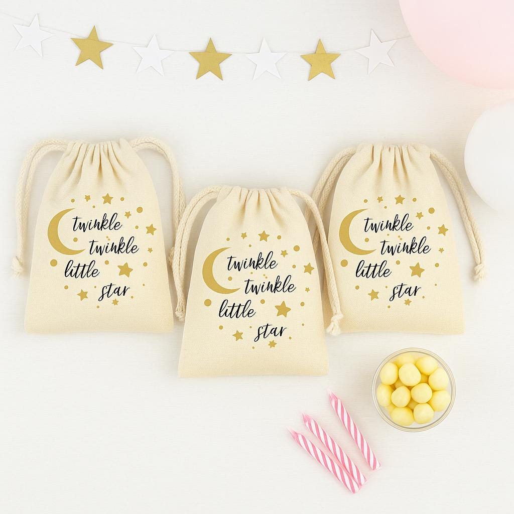 Twinkle Star Cotton Favor Bags – Celestial Baby Shower Treat Bags