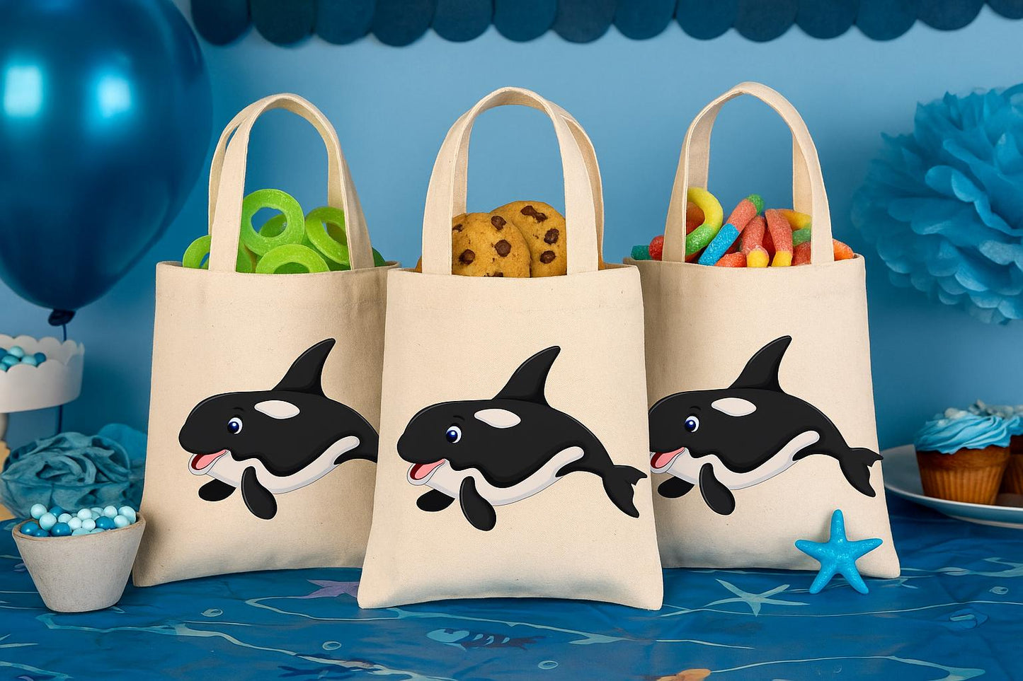 Orca Birthday Party Favor Bags, Set of 3