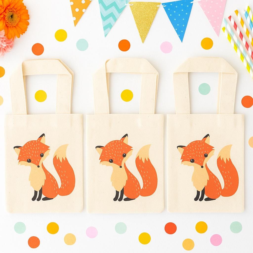 Fox Party Favor Bags - Woodland Birthday Cotton Goodie Bags - Set of 3