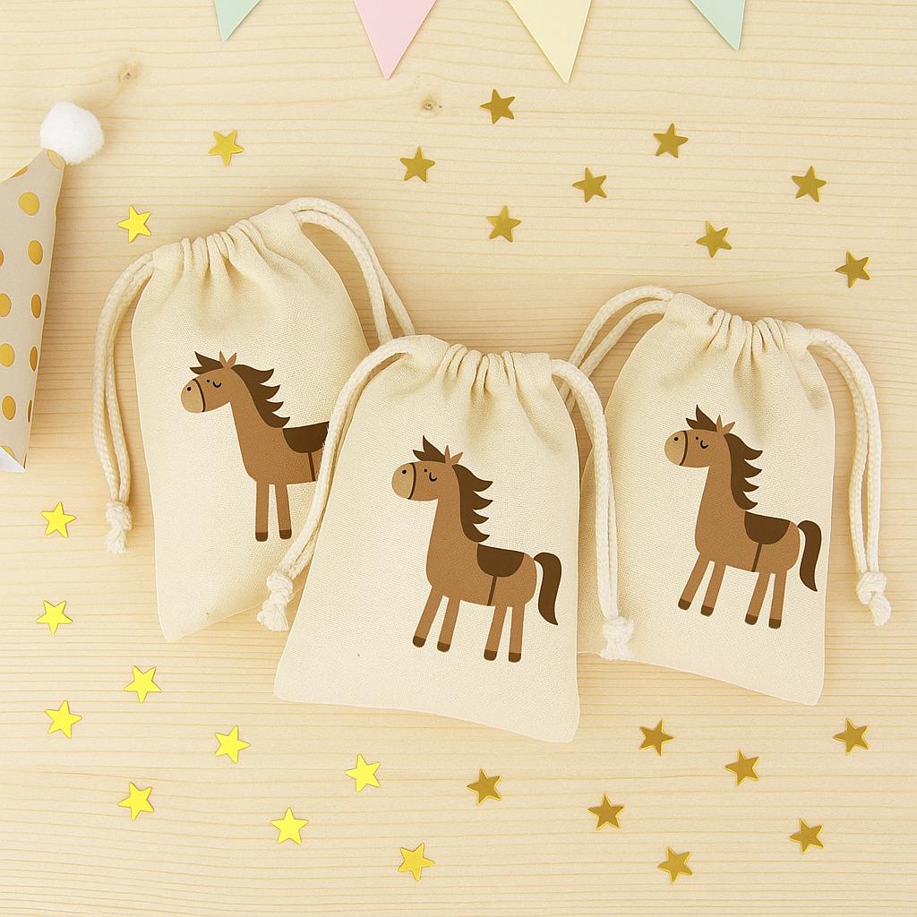 Horse Party Favor Bags, Cotton Drawstring Treat Bags, Set of 3
