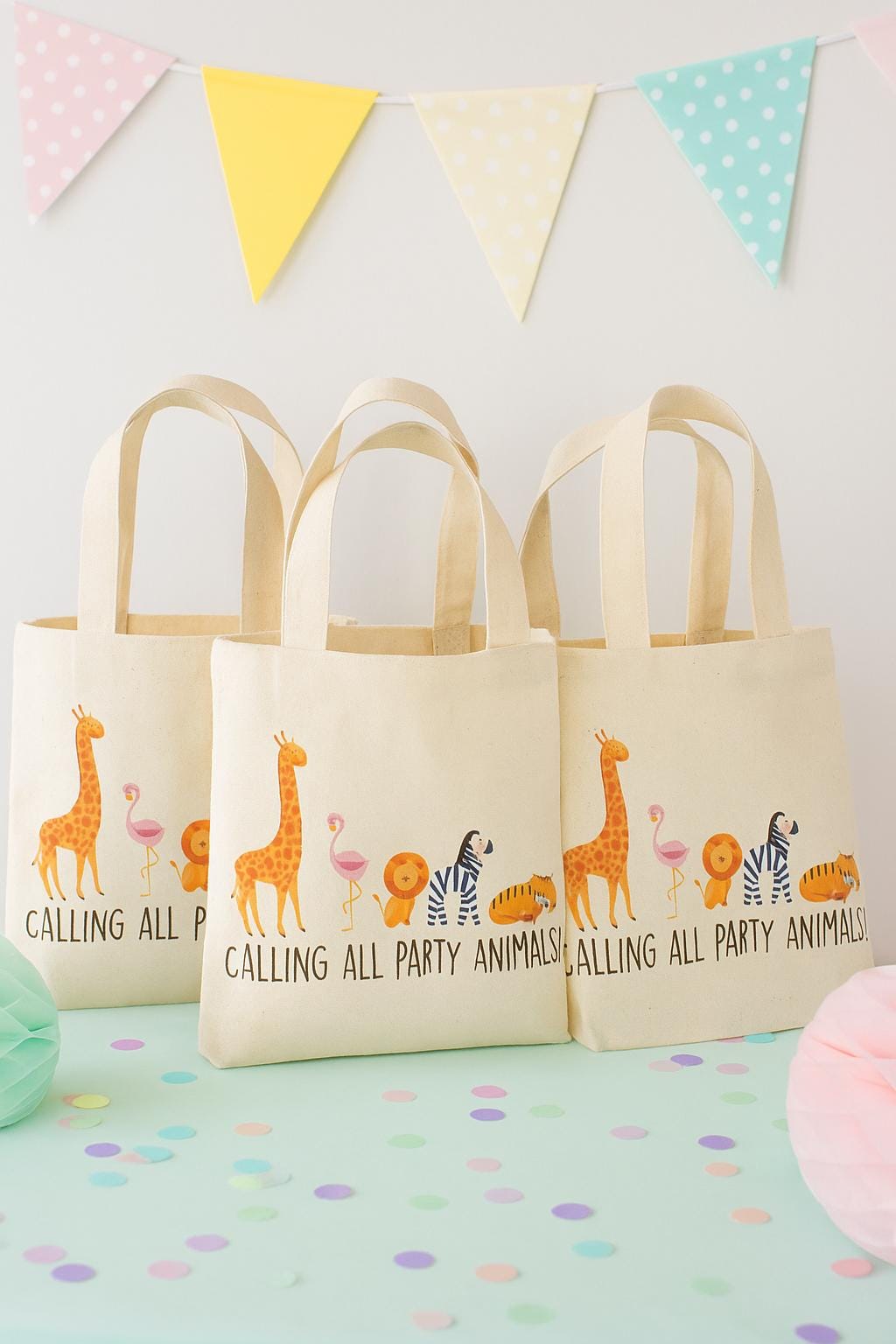 Jungle Party Favor Bags, Animal Cotton Goodie Bags, Set of 6