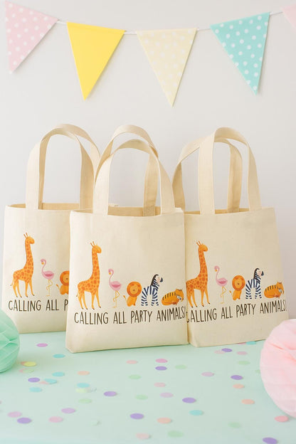 Jungle Party Favor Bags, Animal Cotton Goodie Bags, Set of 6