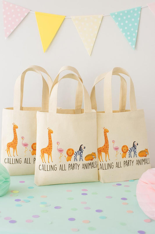 Jungle Party Favor Bags, Animal Cotton Goodie Bags, Set of 6
