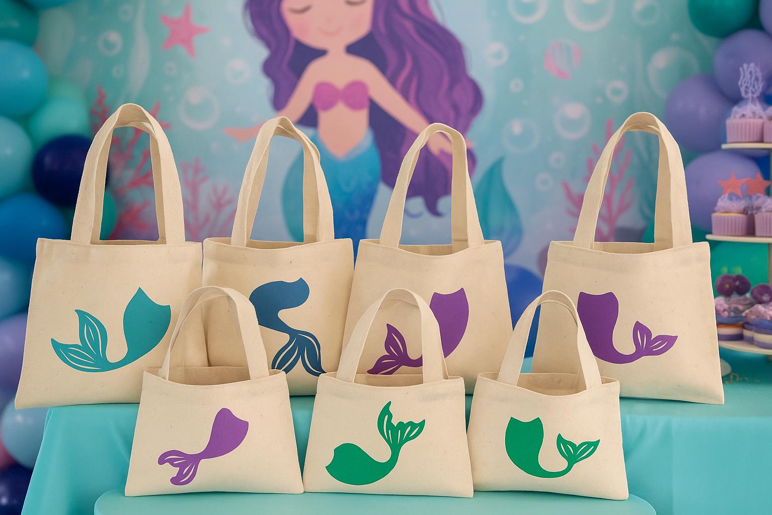 Mermaid Tail Party Favor Bags – Set of 6 Cotton Totes