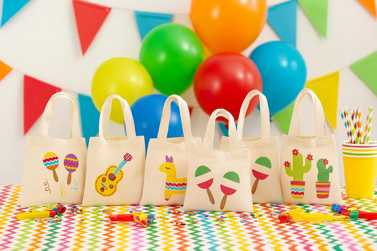 Fiesta Party Favor Bags - Set of 6 Canvas Tote Bags