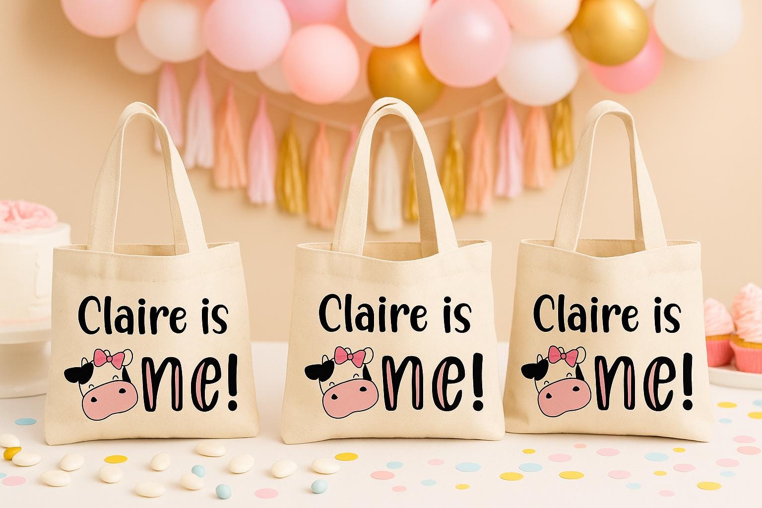 Cow Party Favor Bags - 1st Birthday - Set of Three Bags