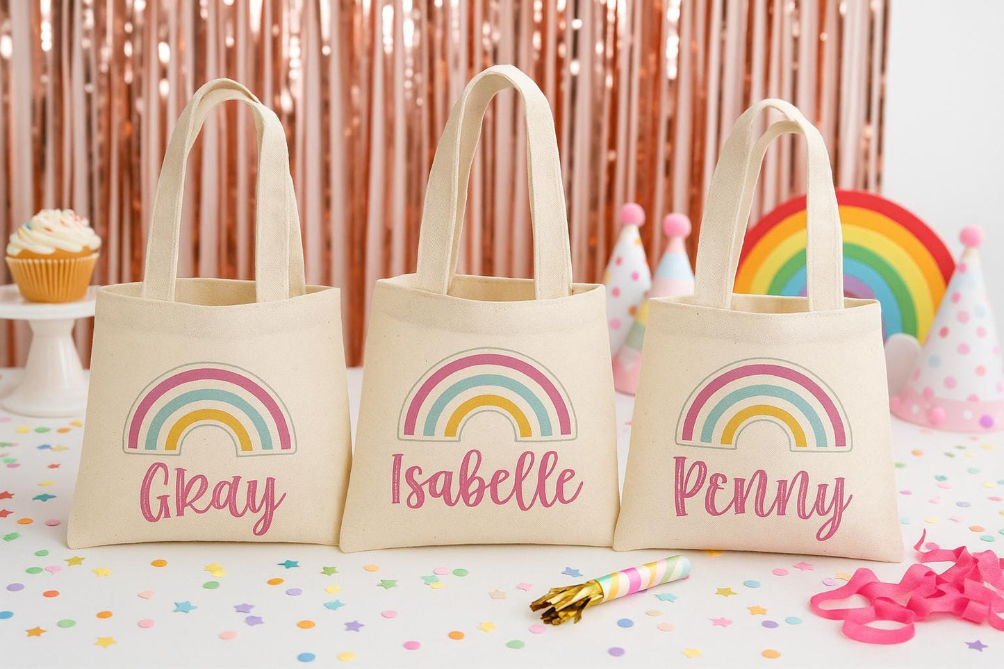Personalized Rainbow Cotton Party Favor Bags - Set of 3