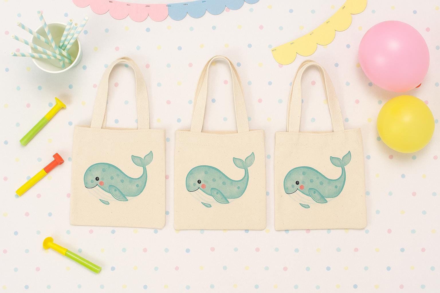 Whale Party Favor Bags: Set of 3 Cotton Treat Bags