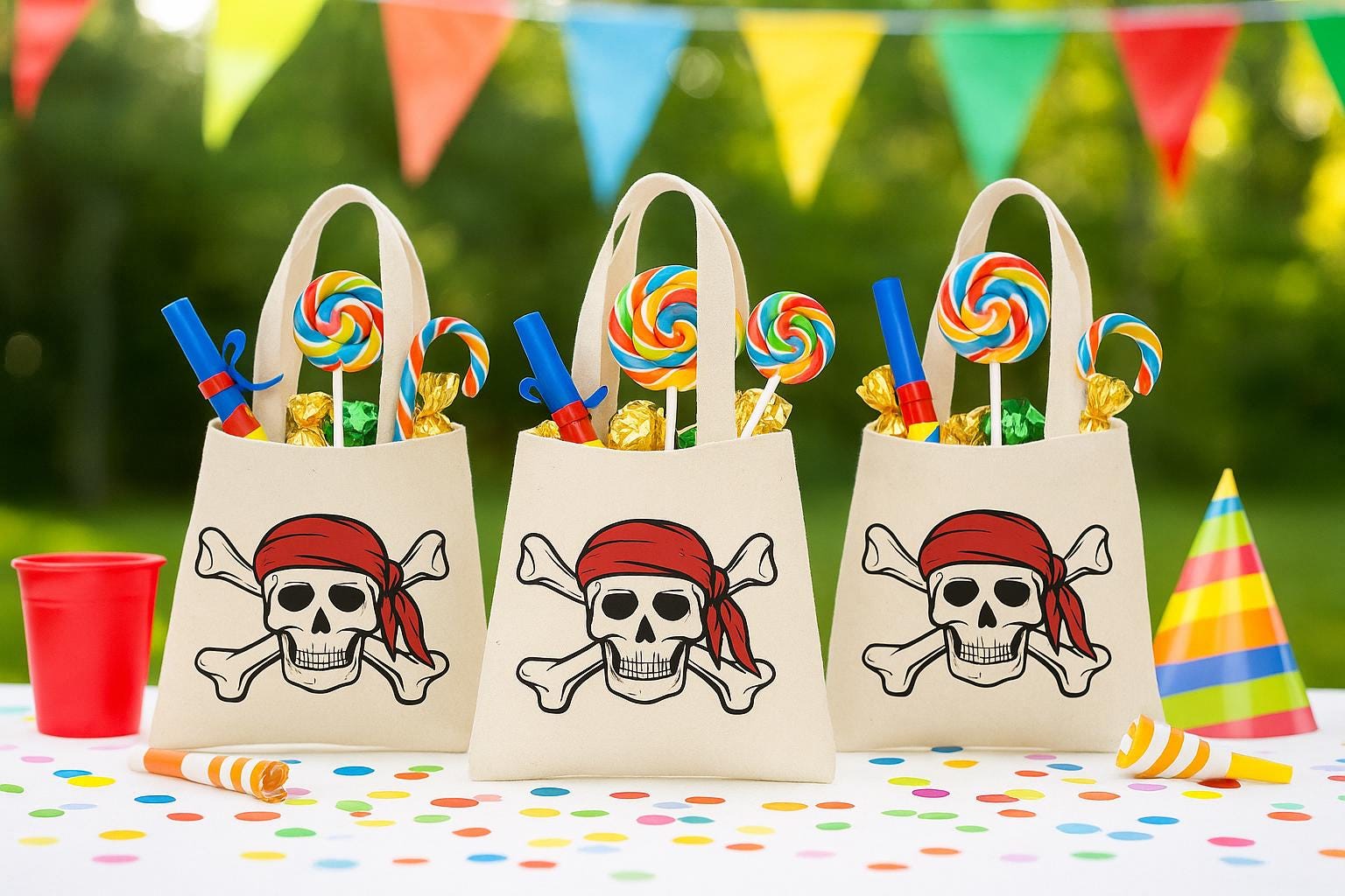 Pirate Party Favor Bags – Skull & Crossbones Cotton Treat Bags, Set of 3