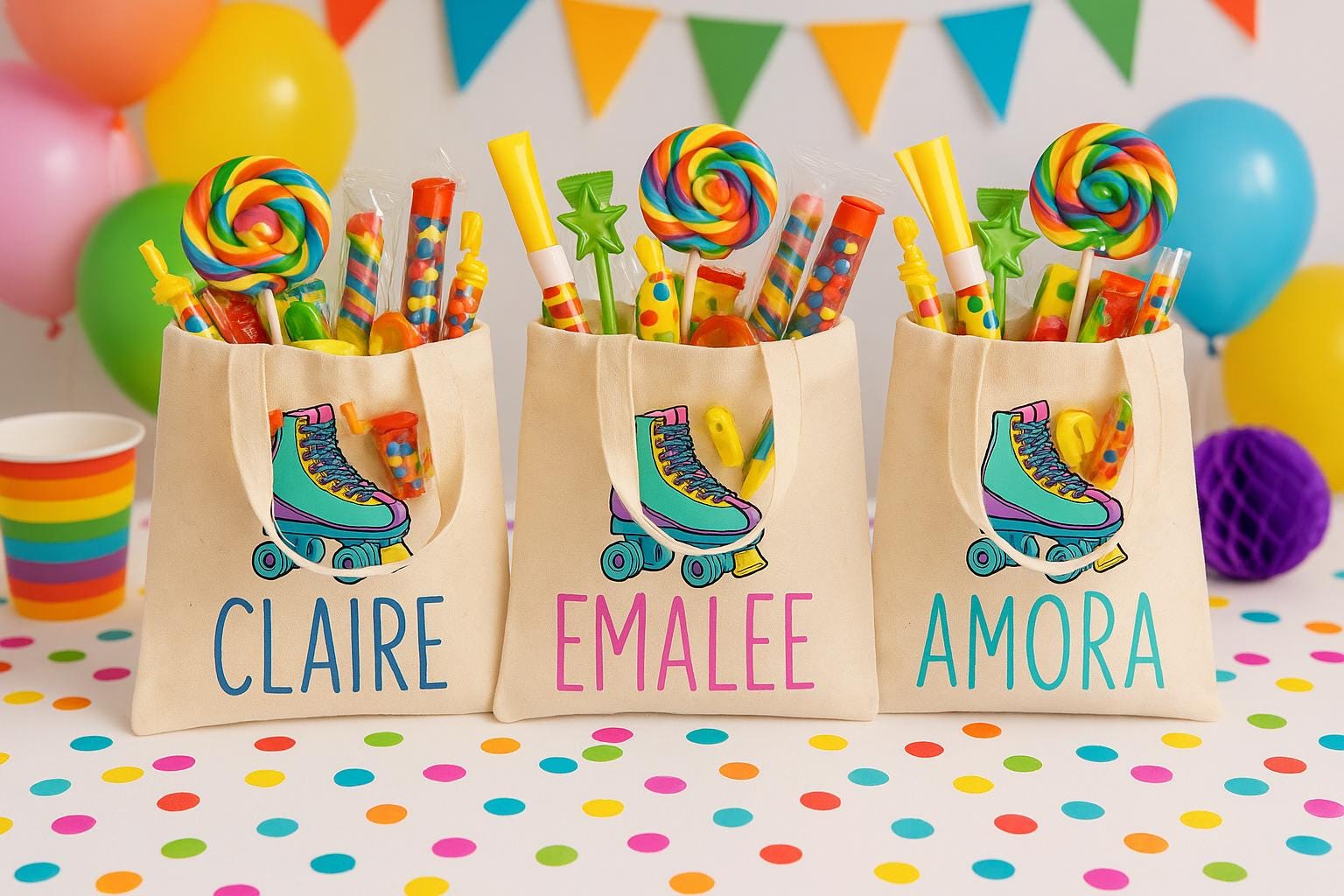 Custom Roller Skating Party Favor Bags - Perfect for Roller Skating Themed Parties & Events! - Set of Three Bags Personalized with Names