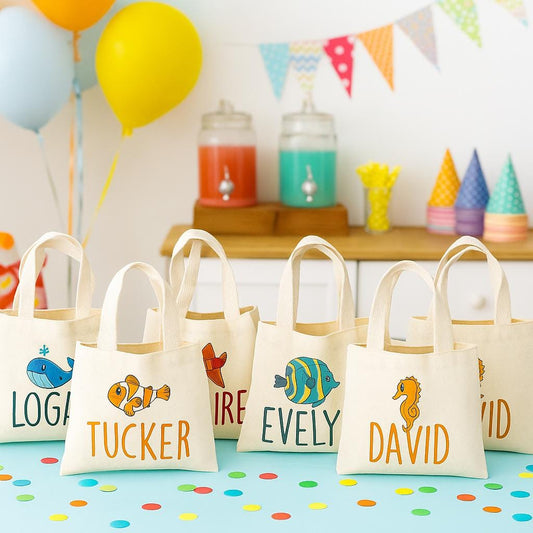 Personalized Under the Sea Party Favor Bags - Ocean Theme Cotton Tote - Set of Six Bags