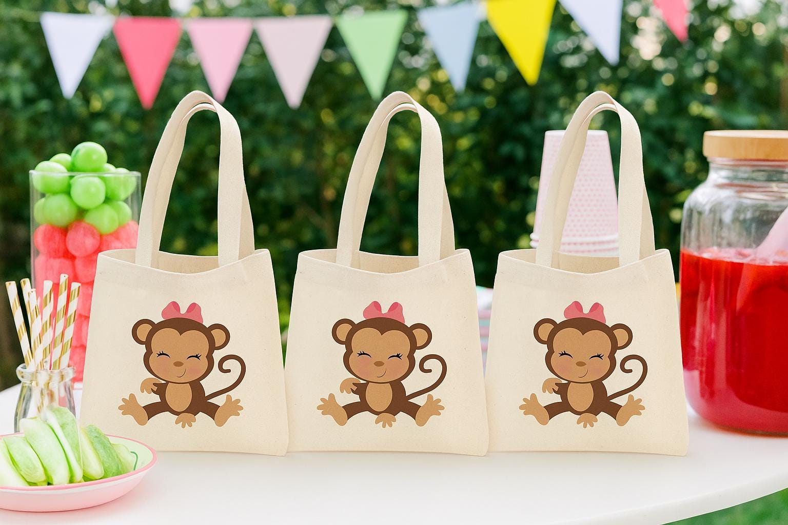 Monkey Girl Party Favor Bags - Jungle Safari Birthday, Set of 3