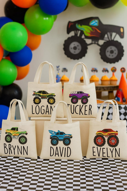 Custom Monster Truck Party Favor Bags - Perfect for Monster Truck Themed Parties & Events - Set of Six Bags Personalized with Names