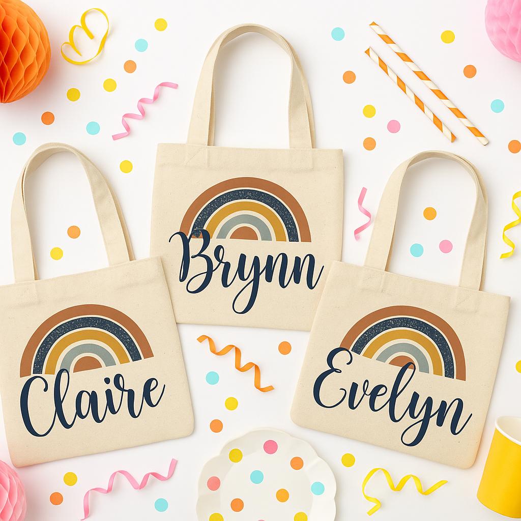 Custom Rainbow Party Favor Bags - Perfect for Rainbow Themed Parties & Events! - Set of Three Bags Personalized with Guest Names
