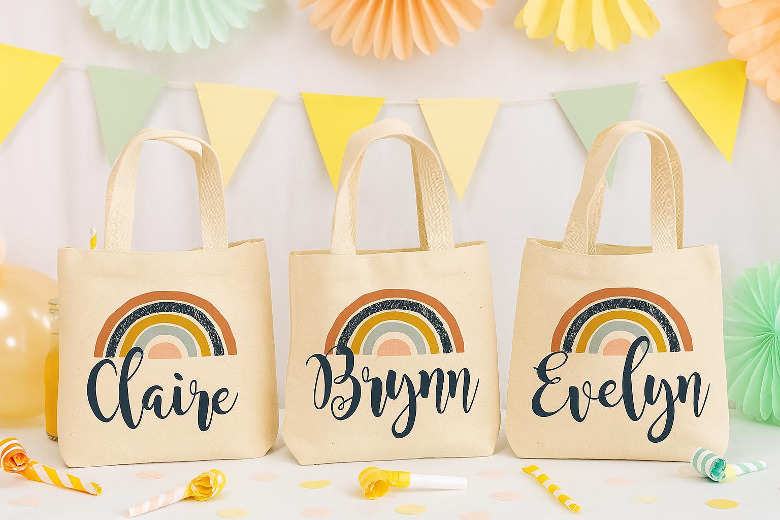 Custom Rainbow Party Favor Bags - Perfect for Rainbow Themed Parties & Events! - Set of Three Bags Personalized with Guest Names