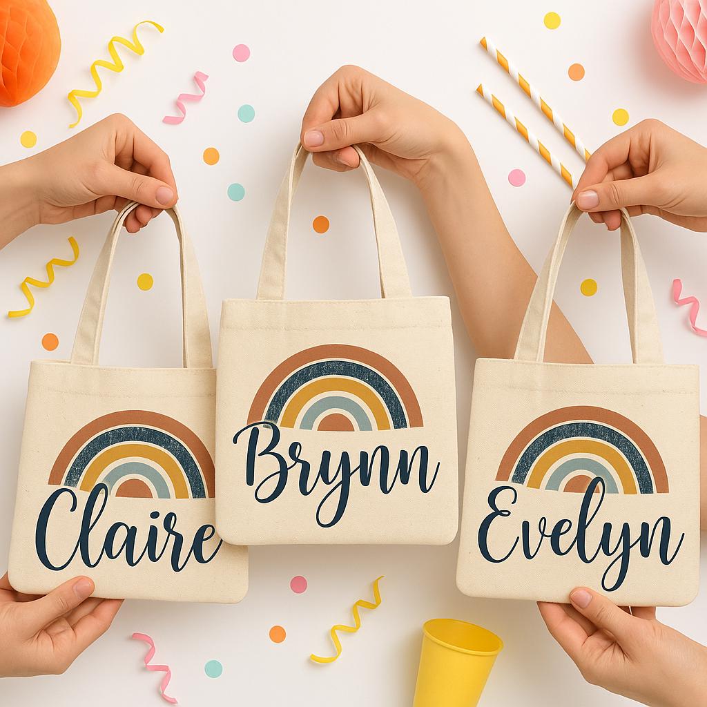 Custom Rainbow Party Favor Bags - Perfect for Rainbow Themed Parties & Events! - Set of Three Bags Personalized with Guest Names