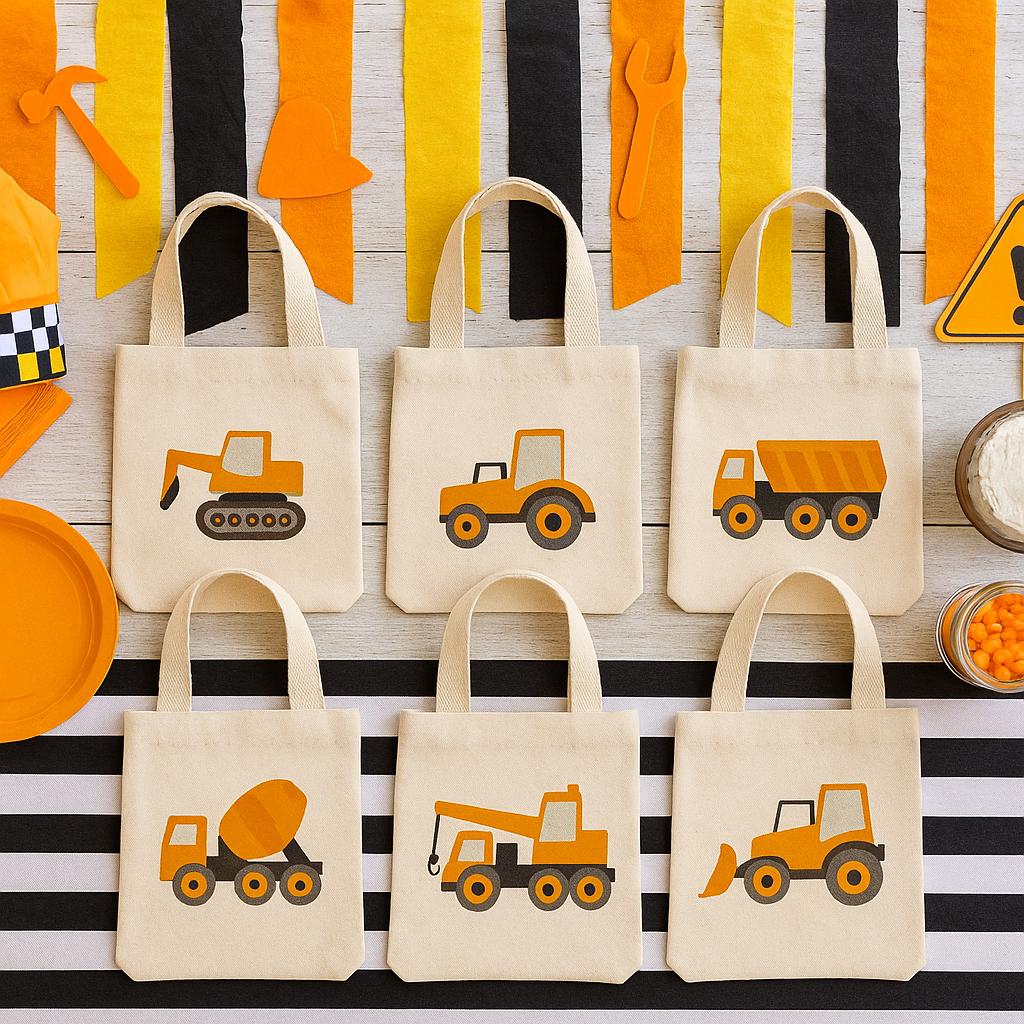 Construction Party Favor Bags - Perfect for Construction Themed Parties & Events! - Set of Six Cotton Bags