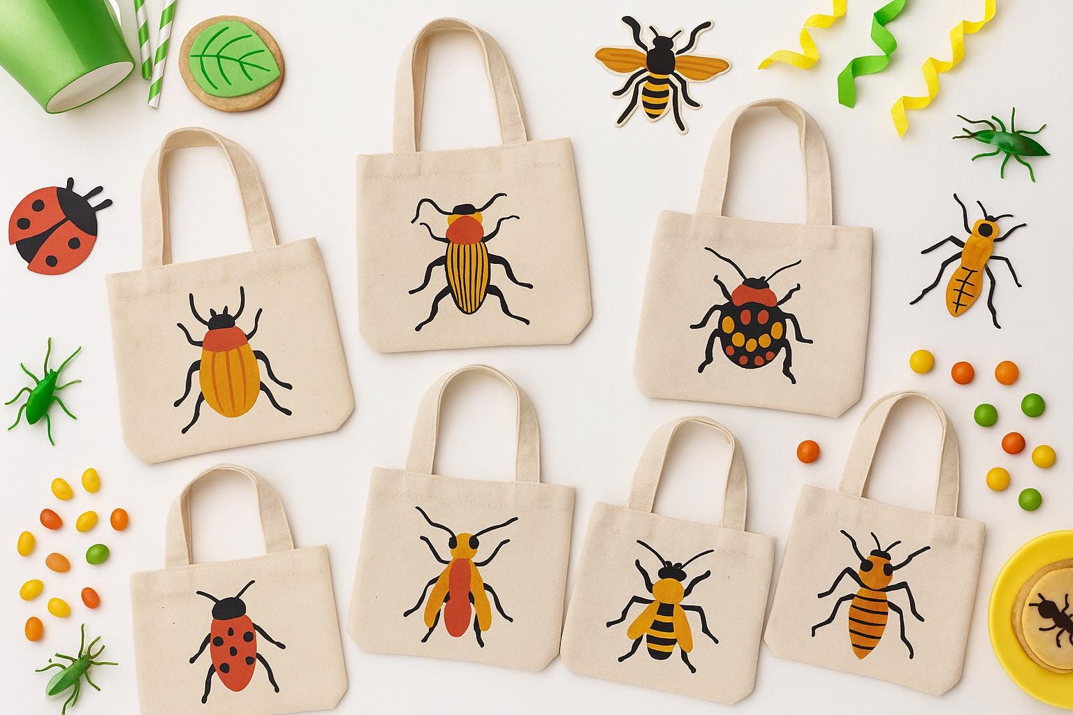 Insect Party Favor Bags - Set of 6 Cotton Canvas Goodie Bags