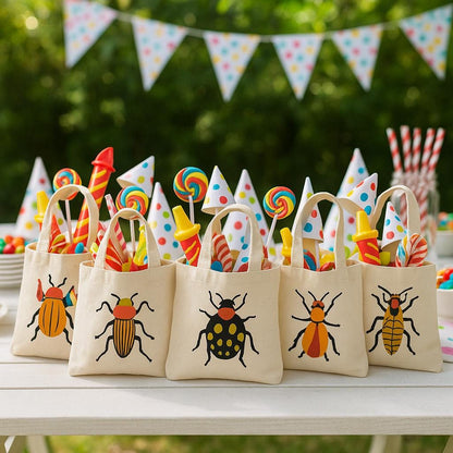 Insect Party Favor Bags - Set of 6 Cotton Canvas Goodie Bags