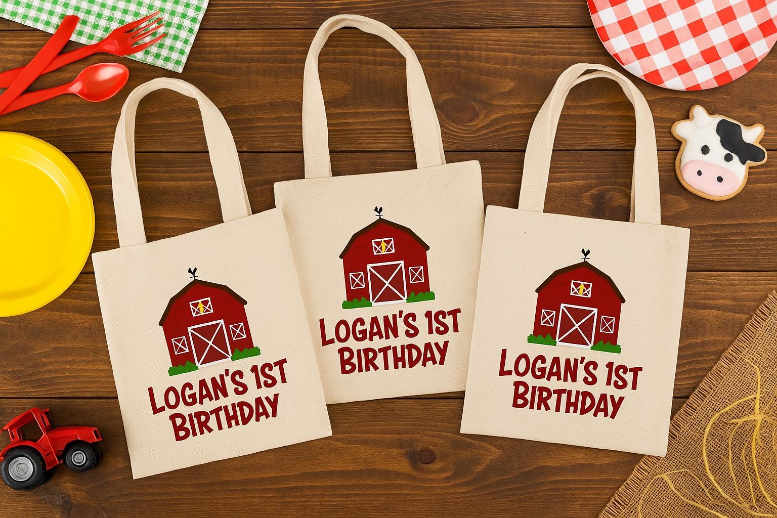 Personalized Farm Party Favor Bags – Barnyard Birthday, Cotton Tote, Set of 3