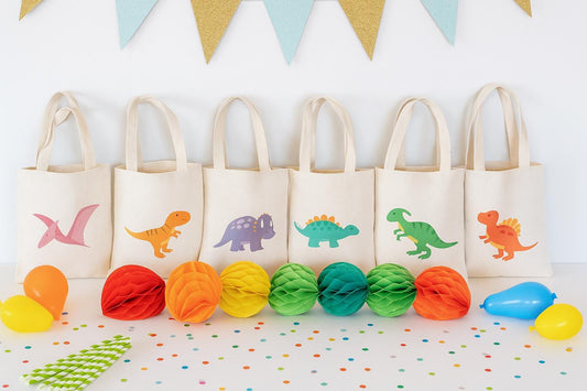 Dinosaur Party Favor Bags, Set of 6 Eco-Friendly Cotton Treat Bags