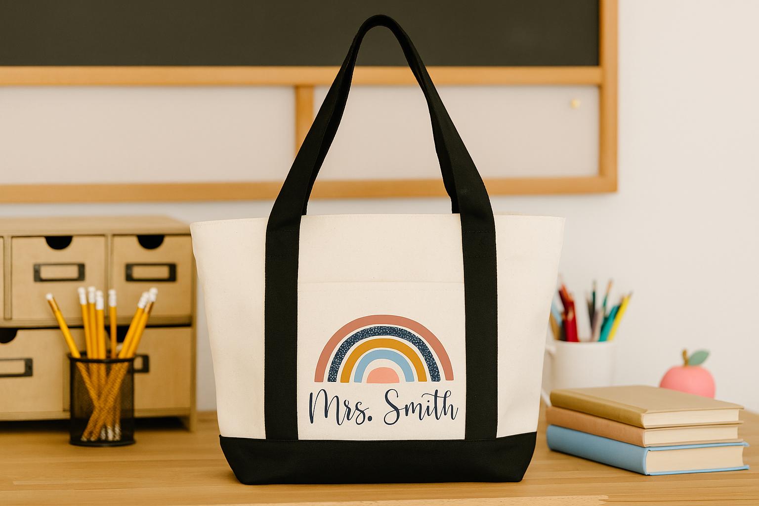 Custom Teacher Tote, Boho Rainbow Tote, Teacher Tote, Teacher Tote Bag, Personalized, Canvas Bag, Teacher Bag, Teacher Gifts, Canvas Tote