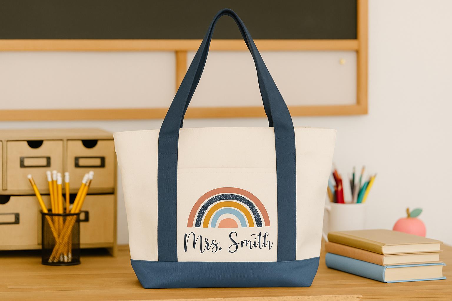 Custom Teacher Tote, Boho Rainbow Tote, Teacher Tote, Teacher Tote Bag, Personalized, Canvas Bag, Teacher Bag, Teacher Gifts, Canvas Tote