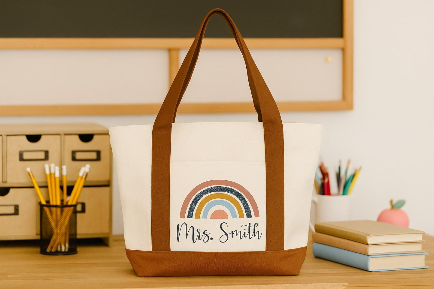 Custom Teacher Tote, Boho Rainbow Tote, Teacher Tote, Teacher Tote Bag, Personalized, Canvas Bag, Teacher Bag, Teacher Gifts, Canvas Tote