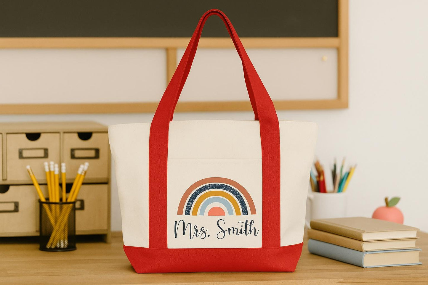 Custom Teacher Tote, Boho Rainbow Tote, Teacher Tote, Teacher Tote Bag, Personalized, Canvas Bag, Teacher Bag, Teacher Gifts, Canvas Tote
