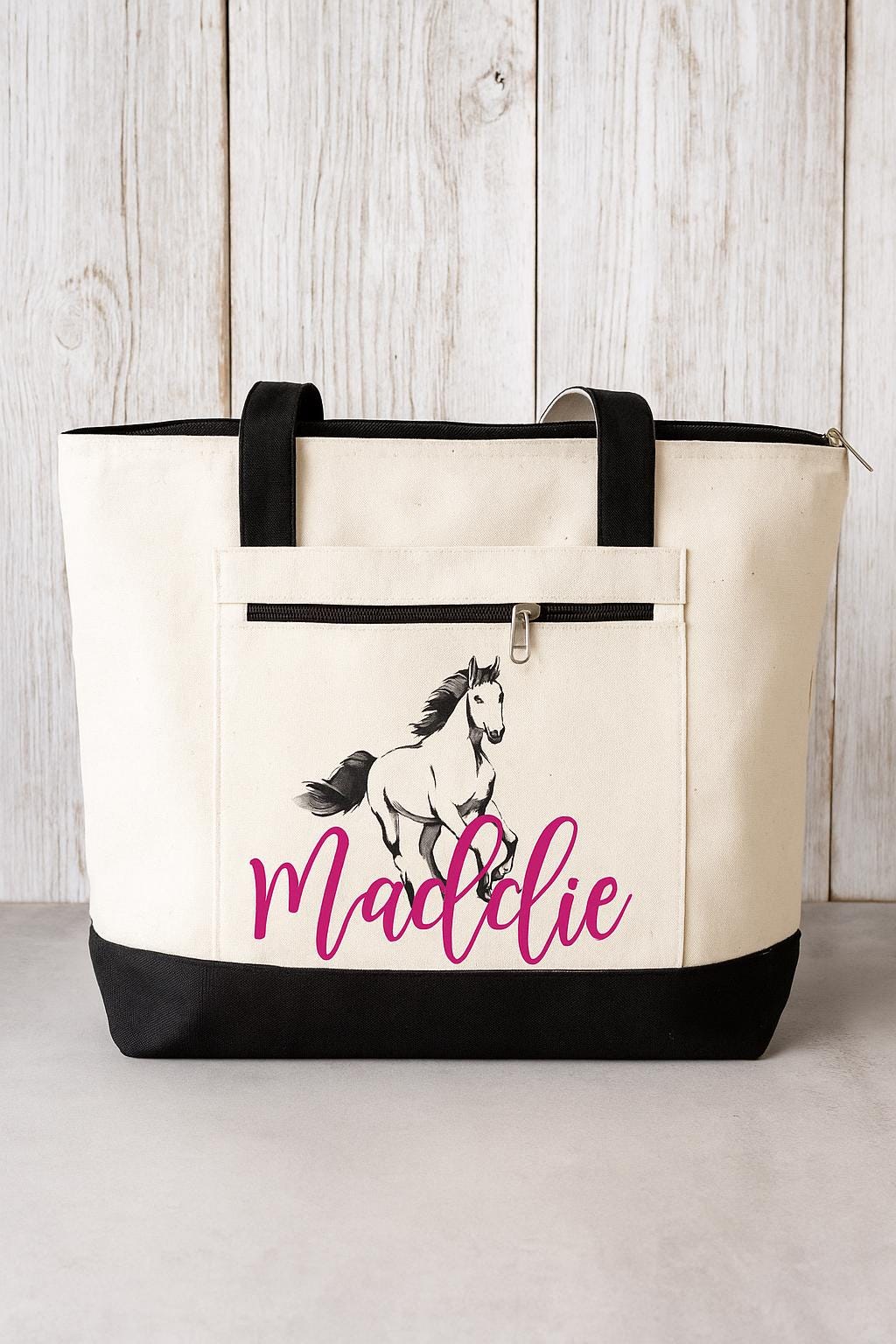 Personalized Horse Tote Bag, Zippered Canvas Bag