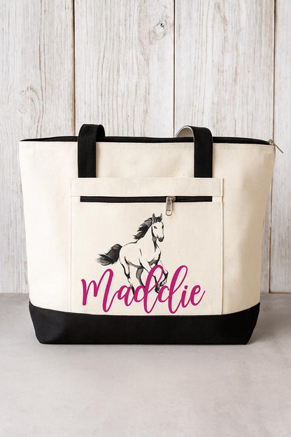 Personalized Horse Tote Bag, Zippered Canvas Bag