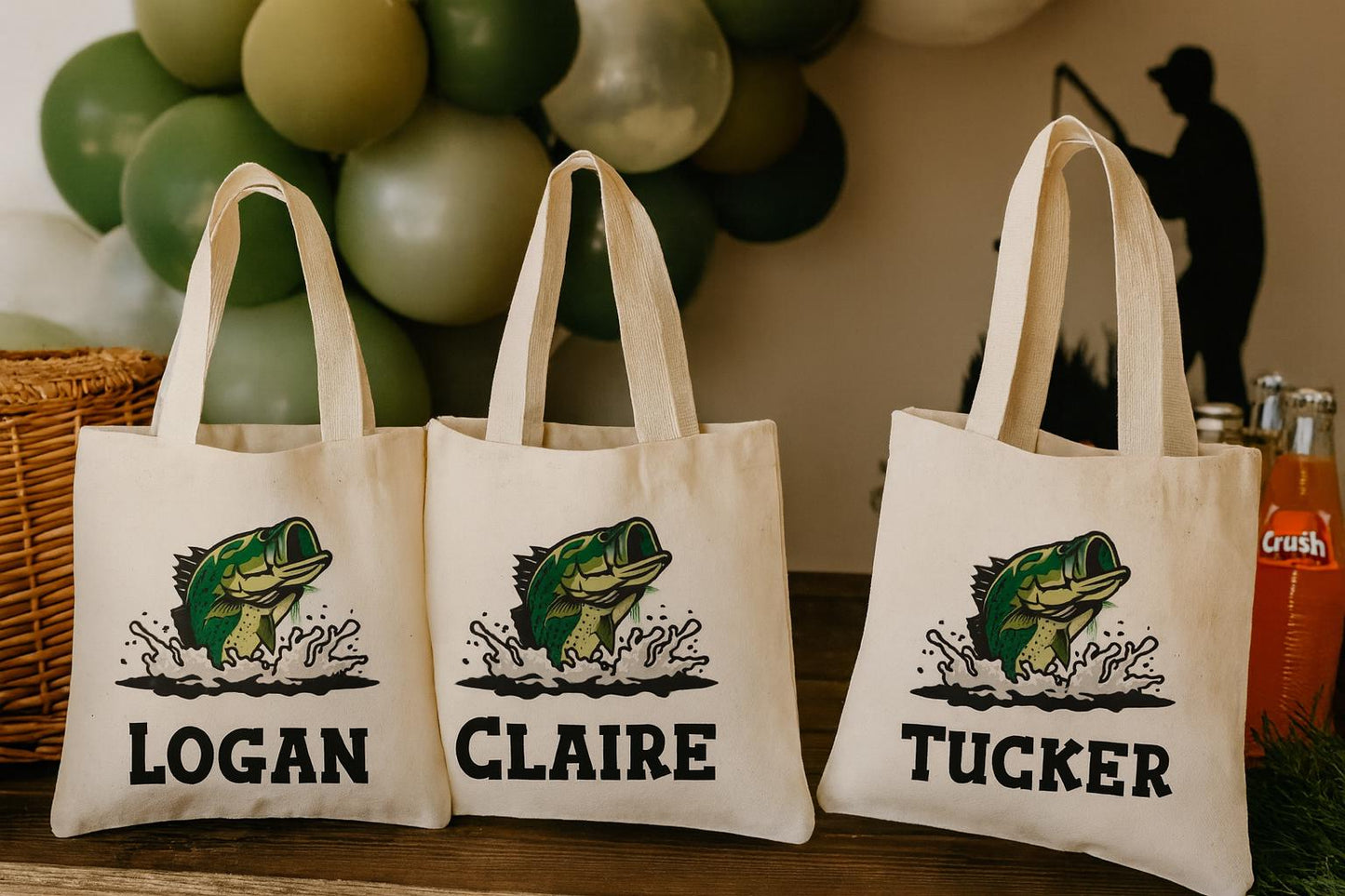 Personalized Bass Party Favor Bags - Set of 3 Goodie Bags for a Fishing Themed Event