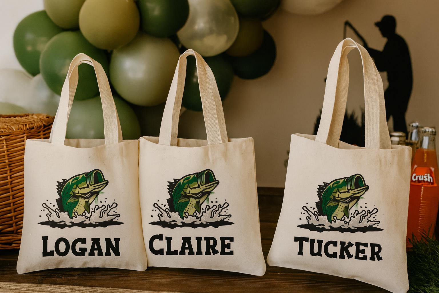 Personalized Bass Party Favor Bags - Set of 3 Goodie Bags for a Fishing Themed Event