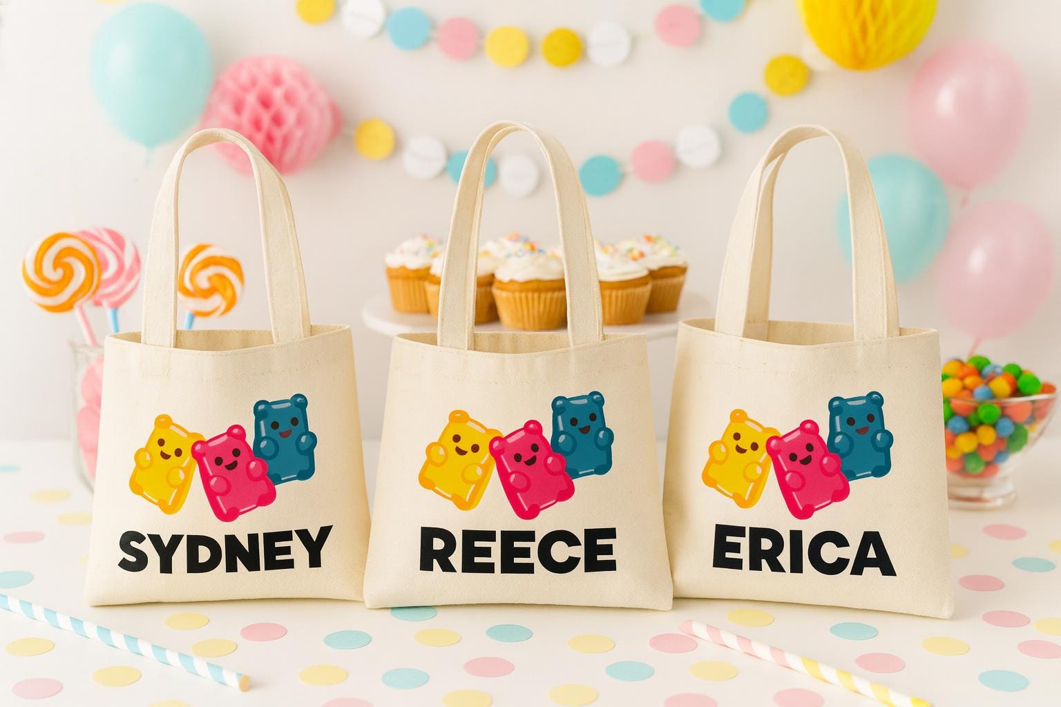 Gummy Bear Party Favor Bags: Personalized Cotton Treat Bags - Set of 3