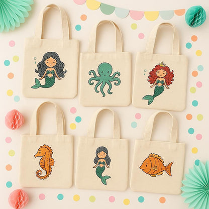Mermaid Party Favor Bags, Sea Creature Canvas Totes, Set of 6