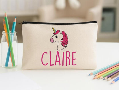 Personalized Unicorn Pencil Pouch, Custom Name Canvas Cosmetic Bag