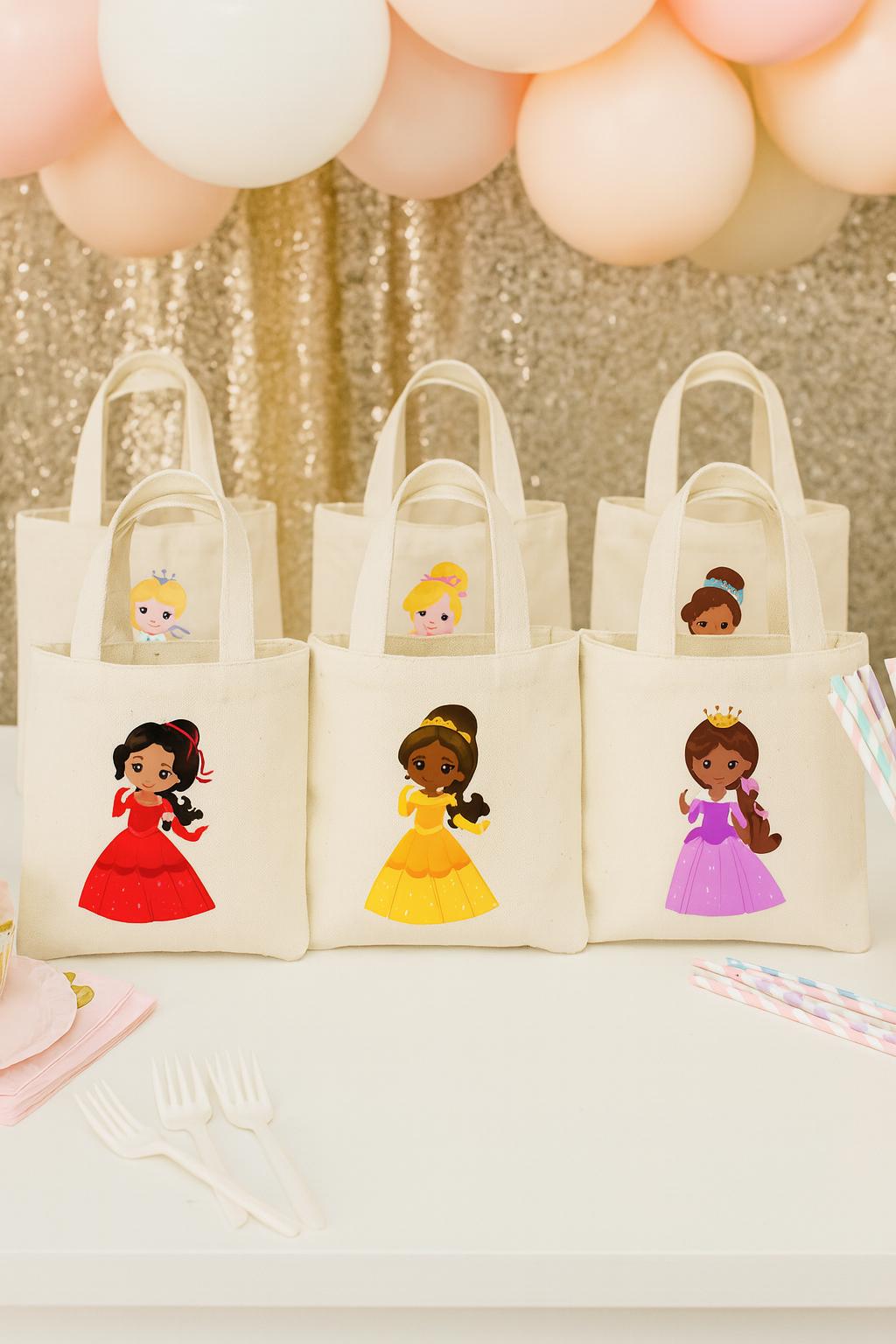 Princess Party Favor Bags, Canvas Goodie Bags, Set of 6