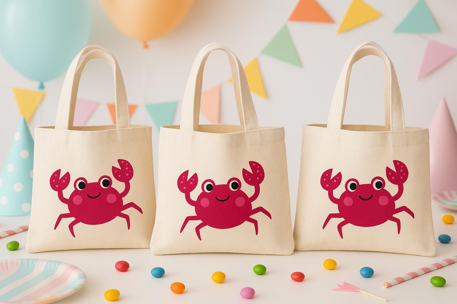 Crab Party Favor Bags: Set of 3 Cotton Goodie Bags