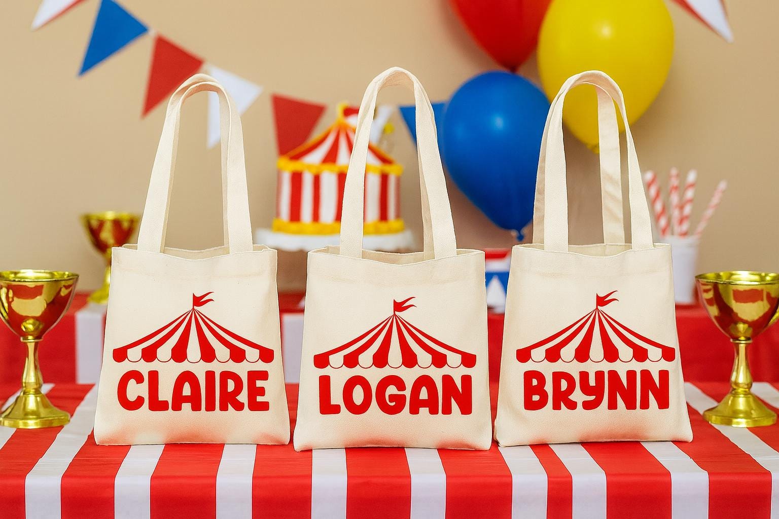 Circus Treat Bags: Carnival Party Favor, Personalized Cotton Bags (Set of 3)