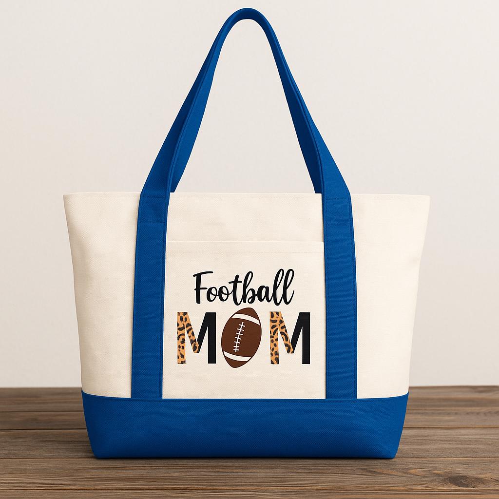 Personalized Football Mom Canvas Tote Bag – Team Colors, Leopard Print