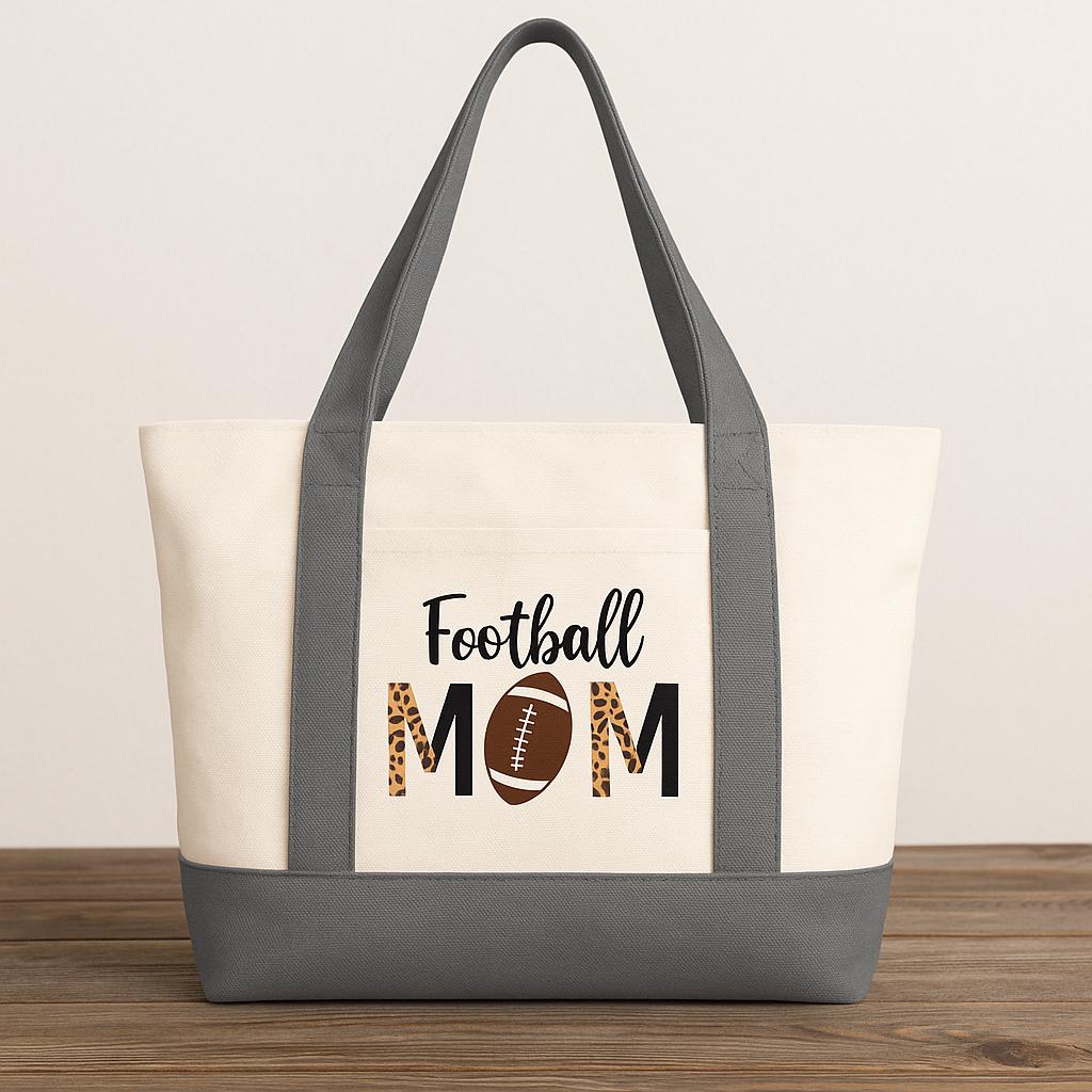 Personalized Football Mom Canvas Tote Bag – Team Colors, Leopard Print