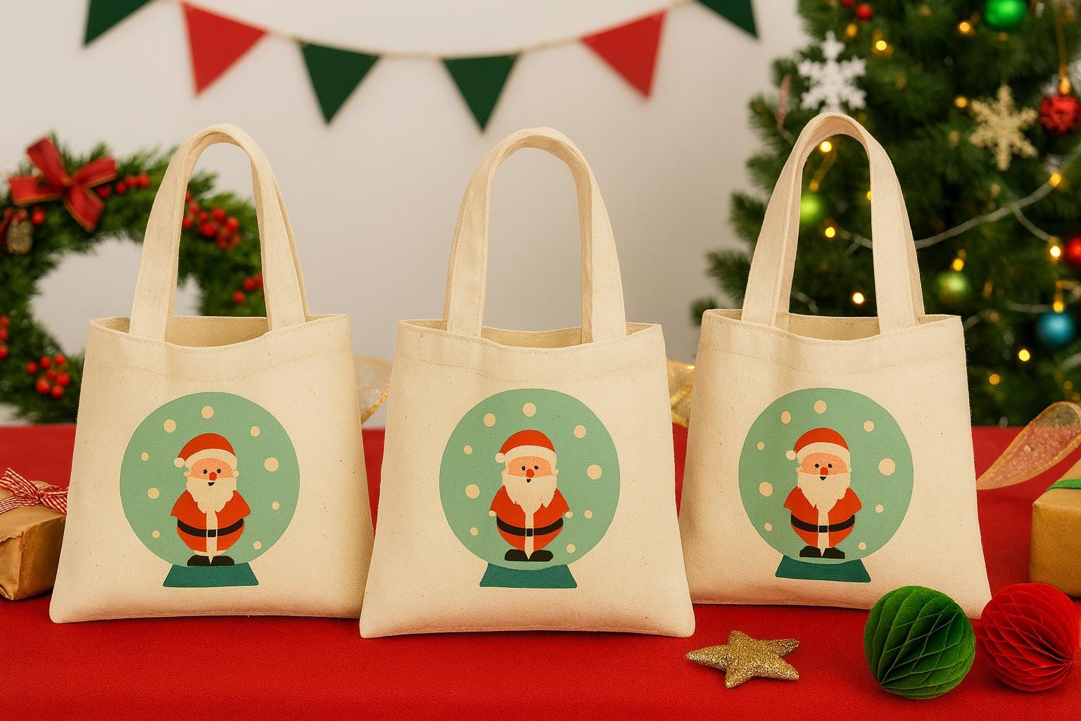 Santa Clause Treat Bags: Christmas Cotton Party Favor, Set of 3